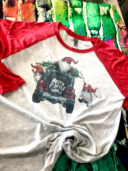 Merry Christmas Jeep Gnomes 3/4 Sleeve Baseball T-Shirt Raglan