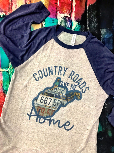 Country Roads Take Me Home - West Virginia License Plates Raglan 3/4 Sleeve Shirt